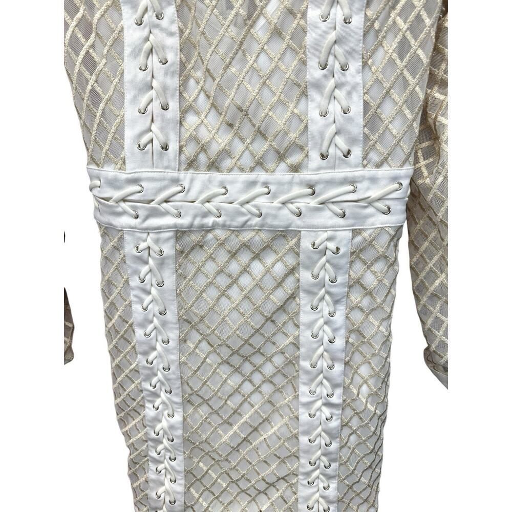 BEBE IVORY METALLIC EMBROIDERED MESH LACE UP DRESS KNEE LENGTH sz 8 - Picture 9 of 16